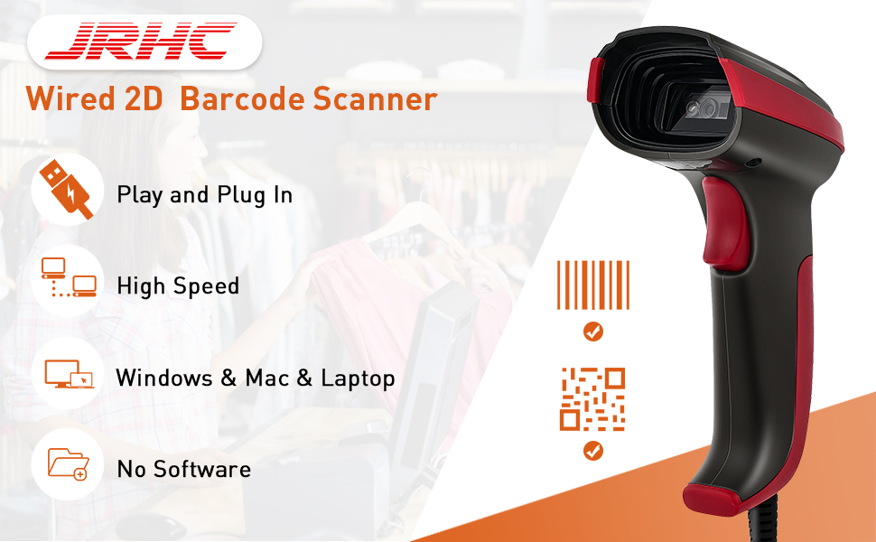 Barcode Scanner Wired,JRHC 2D Bar Code Reader Automatic QR