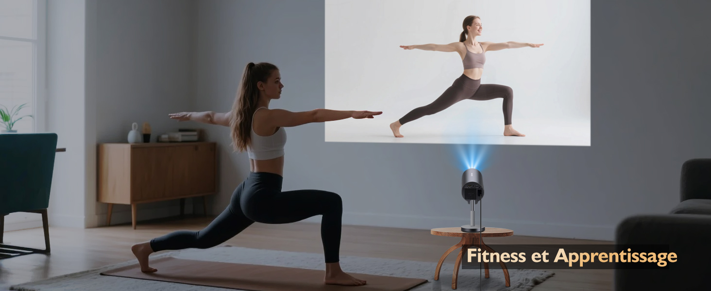 Scène intérieure de yoga ou de fitness montrant des positions d'exercice sur un sol de couleur claire contre un mur gris, avec des images liées à l'exercice