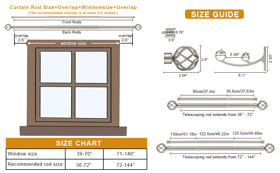 Vimayta Double Curtain Rods for Windows 72 to 144 Inches, 1