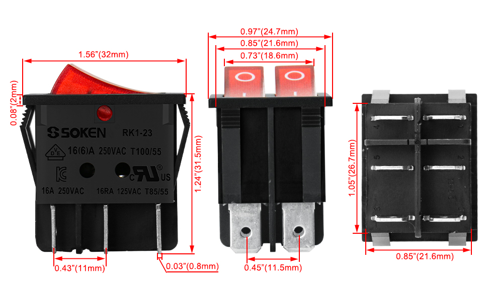 Heschen Double Rocker Switch SPST ON-Off 6 Terminals Red