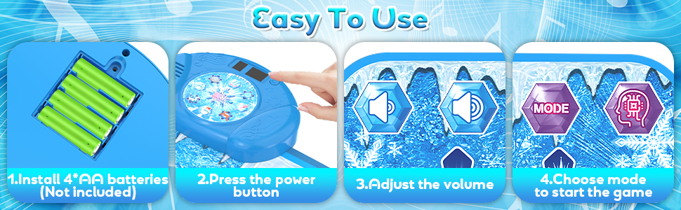 Four-step tutorial showing game device setup: installing batteries, power button press, volume adjustment, and mode selection icons on blue background.