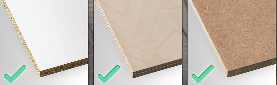 three types of desk material shown with each a green tick to demonstrate it's suitable for this