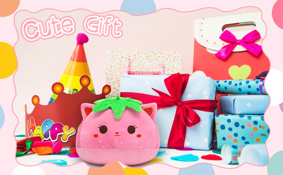 KOPHINYE Strawberry Cat Plush 8 Inch Kawaii Strawberry Cat Pillow, Cute Pink Cat