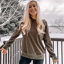 Ladies Casual Solid Color Pullovers Loose Fit Crew Neck Sweatshirts with Elastic Ribbed Hem Cuffs