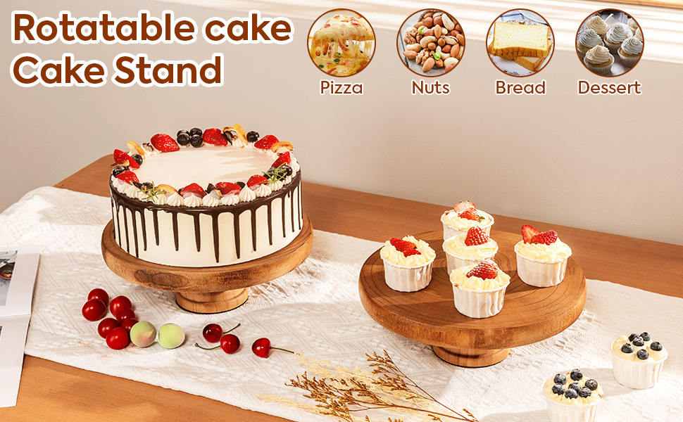 VIVIRBIEN Wood Cake Stand, 11in Rotating Cake Spinner Stand