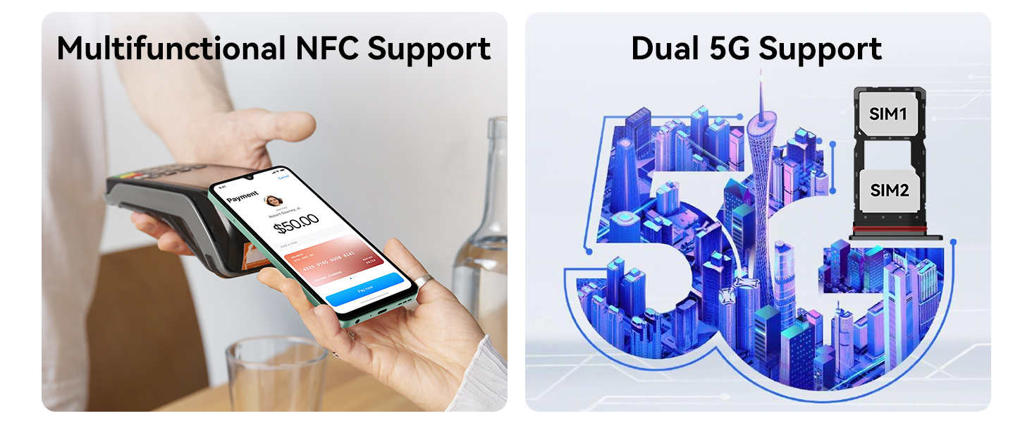 Text reads 'Multifunctional NFC Support' and 'Dual 5G Support'. Series of product demonstration images showing smartphone features and connectivity options.