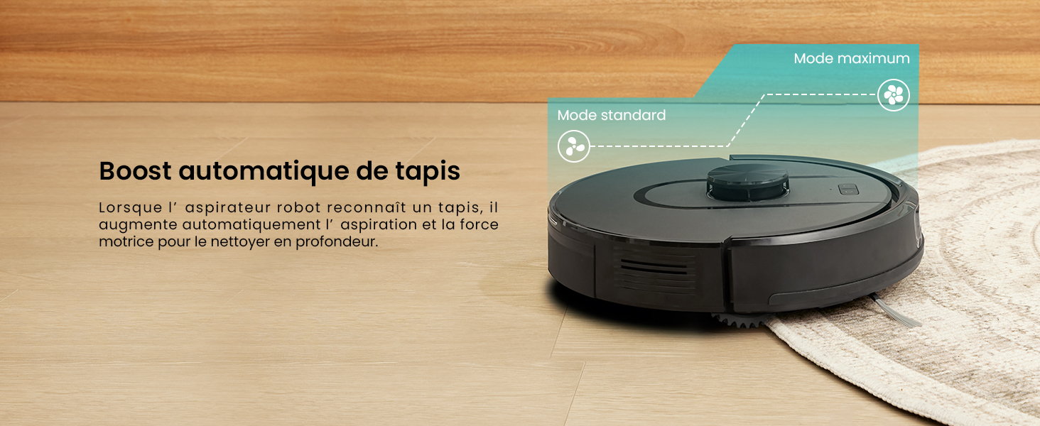 Le texte indique « Robot automatique de tapis ». Les images montrent un aspirateur robotique circulaire noir sur un tapis ou un sol de couleur claire.