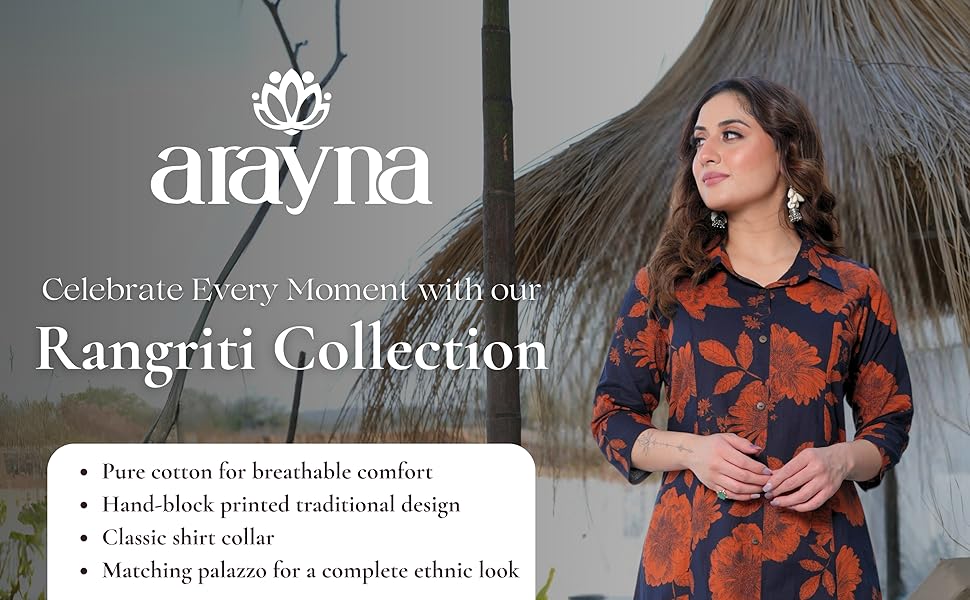 Arayna Women's Pure Cotton Hand Block Printed Floral Ethnic Kurta Set with Palazzo Pants