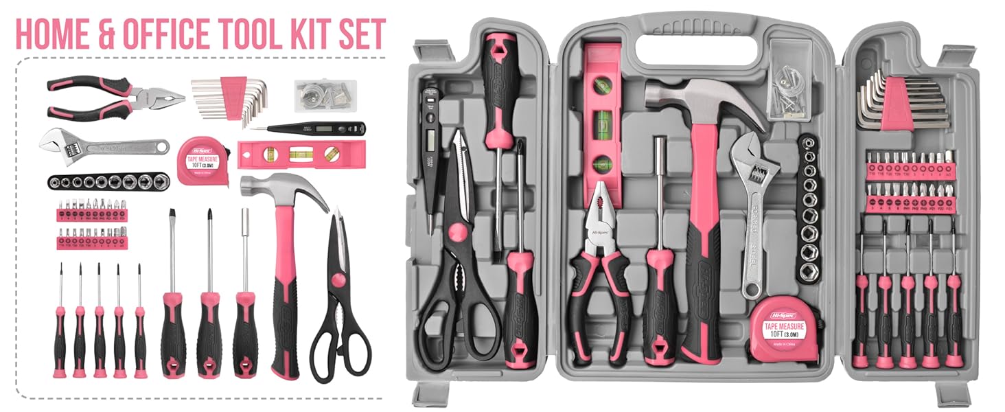 56pc pink home & garage DIY toolkit set, tool kit women with hammer screwdriver