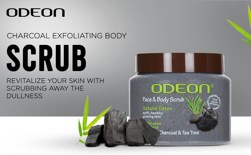 ODEON Charcoal & Tea Tree Oil Body Scrub (300ml) Face Scrub for Oily Skin Body Scrub to