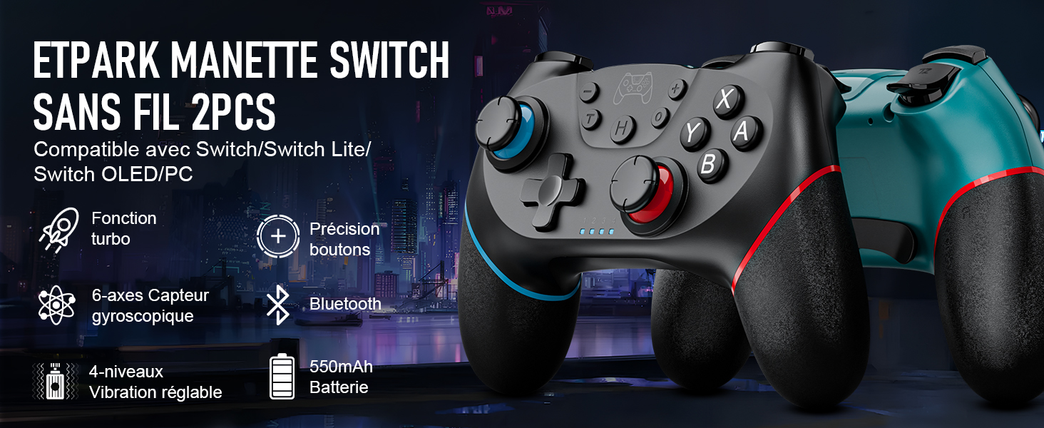 pour Nintendo Switch. Comprend une fonction turbo, un gyroscope, des vibrations réglables, une technologie Bluetooth et une batterie rechargeable. Noir avec des accents rouges et bleus.