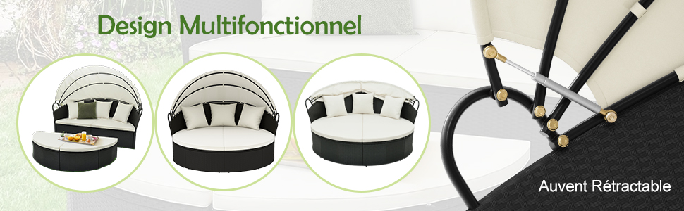 avec auvent rétractable. Trois configurations présentées : canapé incurvé, méridienne à baldaquin et canapé sectionnel rond. Structure en osier noir avec coussins blancs