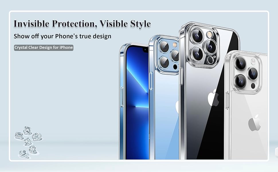 Text reads 'Invisible Protection. Visible Style.' Product image showing multiple iPhone models with transparent protective cases.