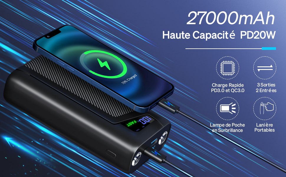 27000mAh Haute Capacité PD20W Charge Rapide PD3.0 et QC3.0 3 Sorties 2 Entrées Lampe de Poche