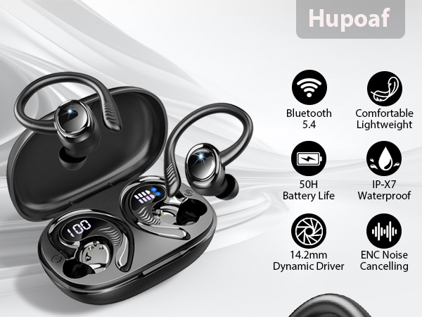 Wireless earbuds with ear hooks, charging case, and LED display. Features include Bluetooth 5.4, 50H battery, IP-X7 waterproof, 14.2mm drivers, and noise cancelling. Comfortable and lightweight design.