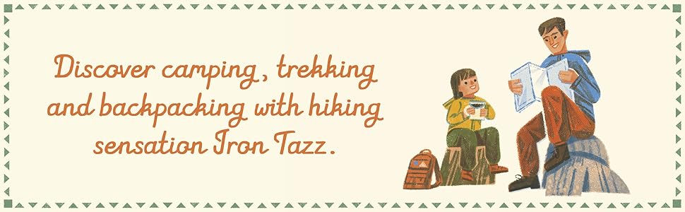 Text Discover camping with Iron Tazz with a picture of a family looking at a map