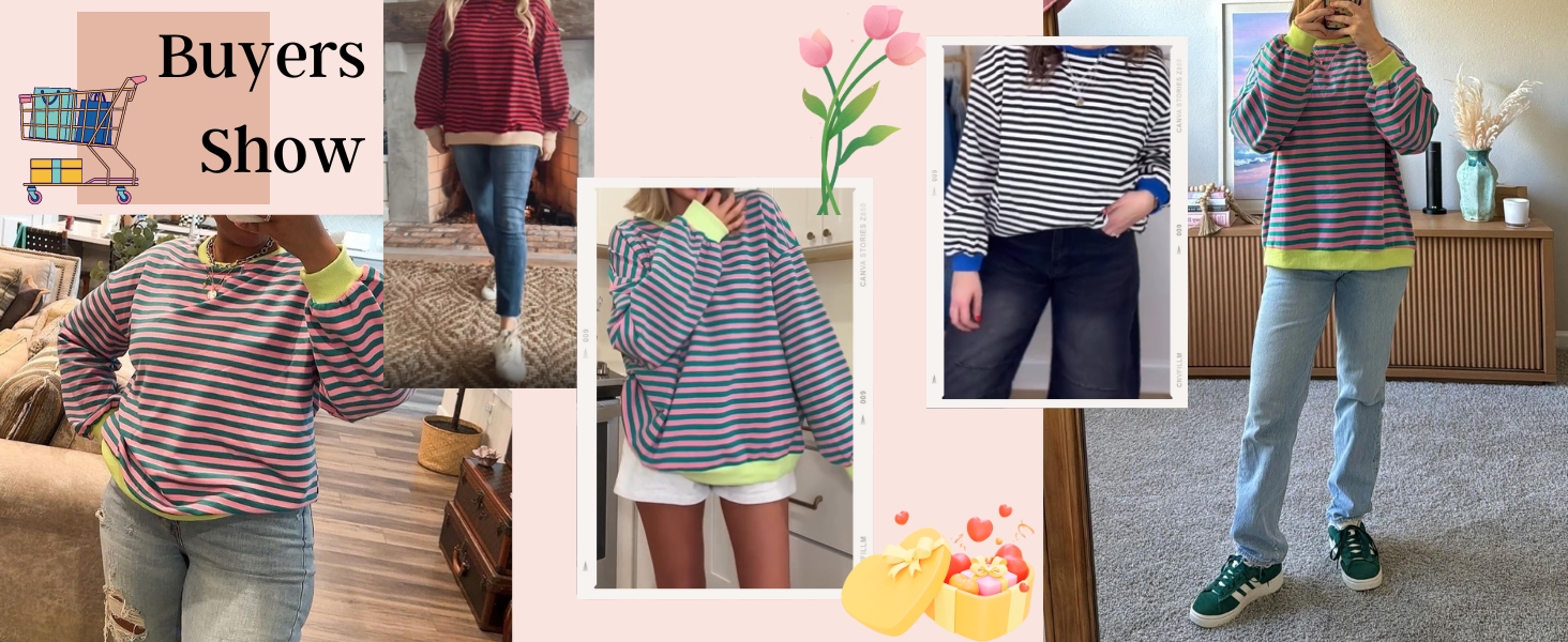 Women Striped Oversized Sweatshirt Color Block Long Sleeve Shirt Crew Neck Casual LooseY2K Top