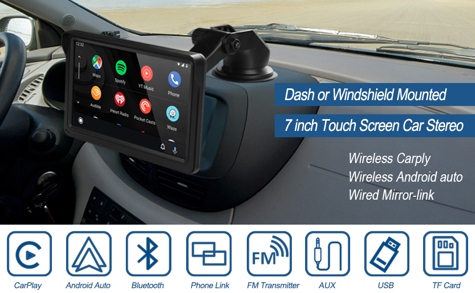 Portable Car Stereo with Wireless Apple Carplay and Android Auto 7" Touchscreen