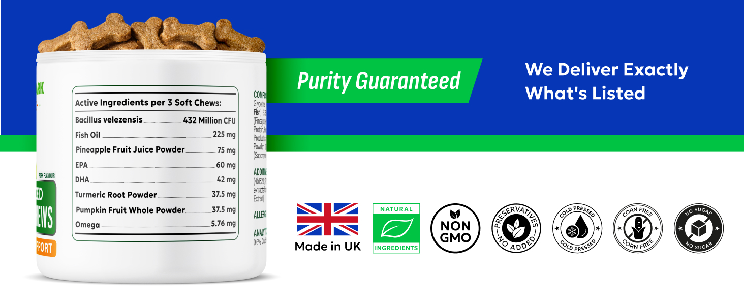 Supplement container with brown pellets on top. Label shows nutrition facts. Product claims include 'Purity Guaranteed' and 'We Deliver Exactly What's Listed'. Various certification logos visible.