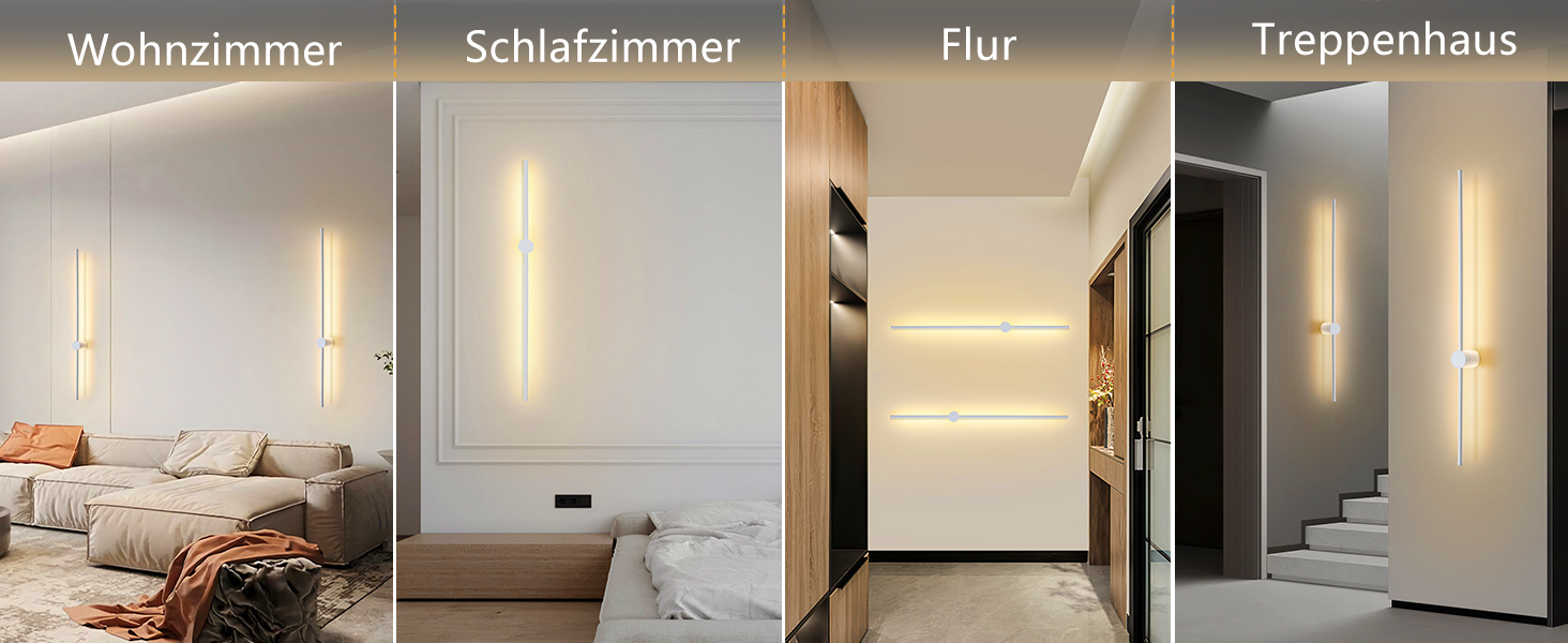 Drei Innenaufnahmen mit modernen LED-Wandleuchten: ein Wohnzimmer, ein Schlafzimmer und ein Flur mit eleganten, linearen Leuchten
