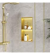 Neohomee 2-Tiers 12x24 Shower Niche with LED Light Strips, Golden Recessed Wall Cabinet, Stainles...