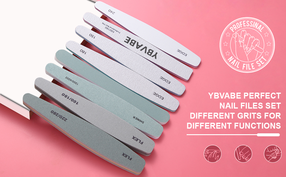 YBVABE Nail File and Buffer, 7Pack Emery Boards Nail File Set