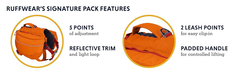 Pack features 5 points of adjustment, Padded handle, 2 leash points, Reflective trim & light loop