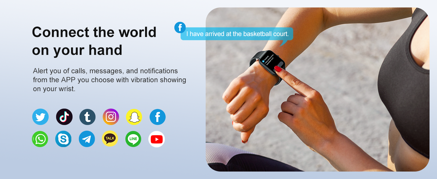 Smartwatch on wrist with colorful app icons displayed. Text mentions connecting the world on your hand with various social media platforms shown.