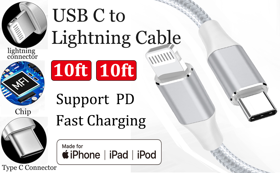 USB C to Lightning Cable Apple MFi Certified 2Pack 10ft Long iPhone
