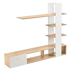Moderne Unterhaltungseinheit mit weißer vertikaler Platte, mehreren Holzregalen und unterem Stauraum mit natürlicher Holzoberfläche und weißer Schubladenfront.