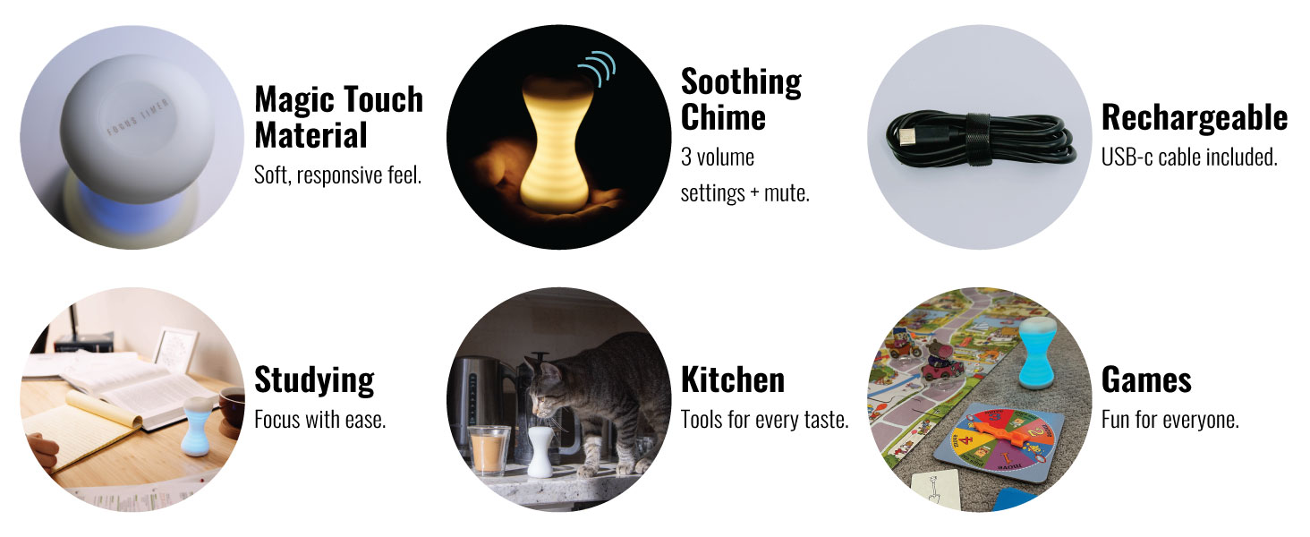 Magic touch material. Soothing Chime. Focus with ease. Tools for every taste. Fun for everyone.