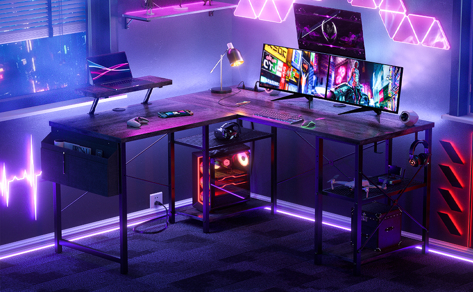 Aheaplus L Shaped Desk with Outlet and USB Charging Ports, LShaped