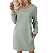 EVALESS Fall Dresses for Women 2025 Fashion V Neck Long Sleeve Summer Mini Dress Solid Casual Bea...