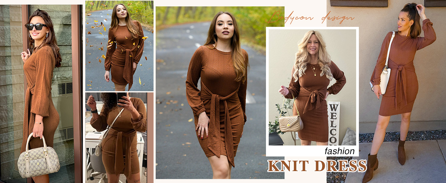 Knit long sleeve dress round neck bodycon tie waist dress women tie front dress fall dress