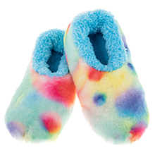 Pair of fuzzy slippers with multicolored tie-dye pattern in pastel shades of blue, pink, and yellow.