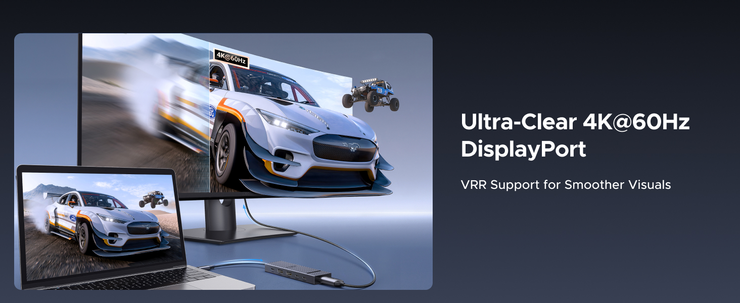 Text reads 'Ultra-Clear 4K@60Hz DisplayPort, VRR Support for Smoother Visuals'. Multiple gaming or racing car scenes shown in dark environment with dynamic lighting effects.