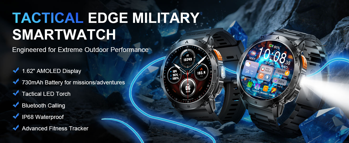 Text reads 'TACTICAL EDGE MILITARY SMARTWATCH'. Product advertisement showing dark military-style smartwatch with digital display against blue dynamic background.