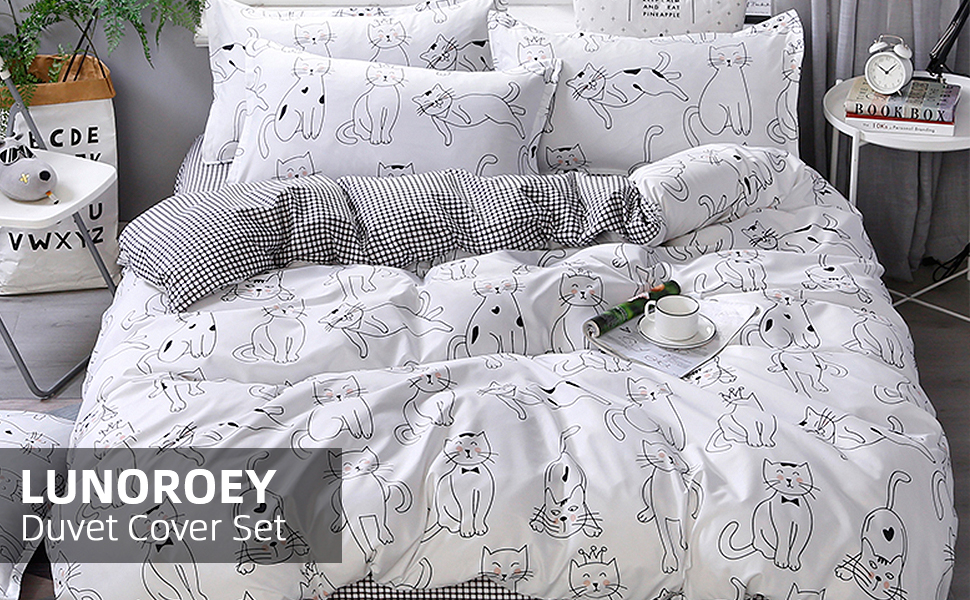 Lunoroey Cat Duvet Cover Set Double Size Black And White Cat Cute Cartoon Cats Printed And