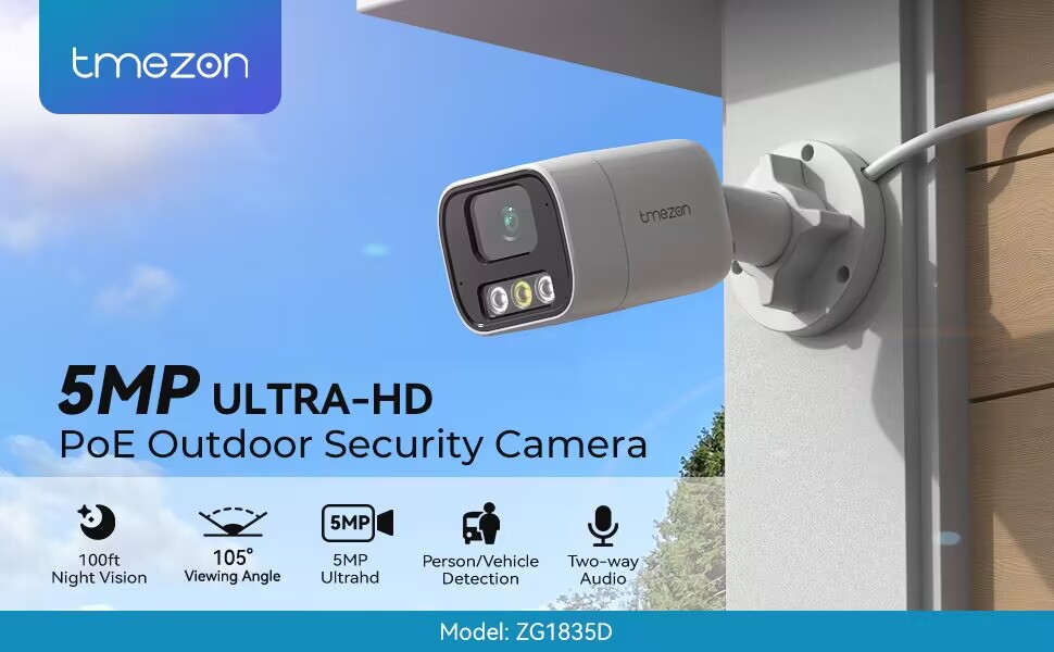 TMEZON Smart 5MP Home Security Camera Wired 5MP PoE IP Cameras Outdoor