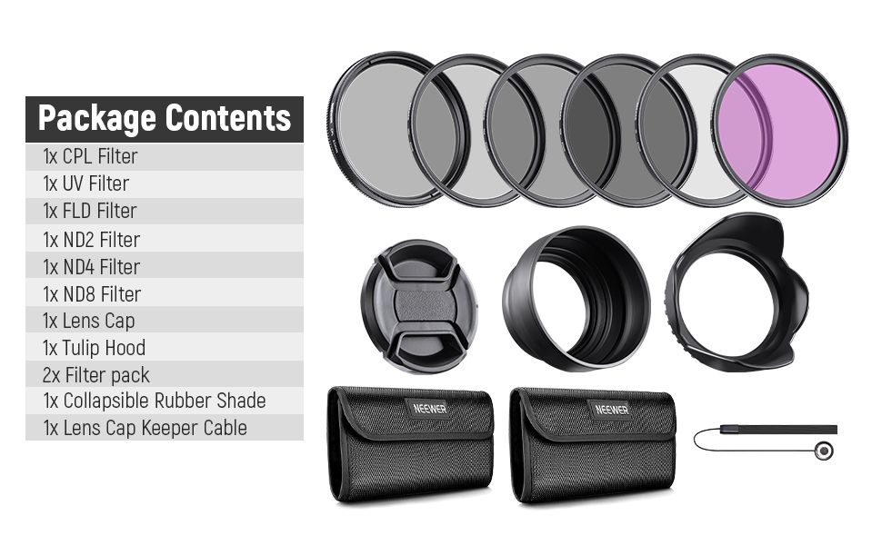 NEEWER 82mm ND Lens Filter Kit UV, CPL, FLD, ND2, ND4