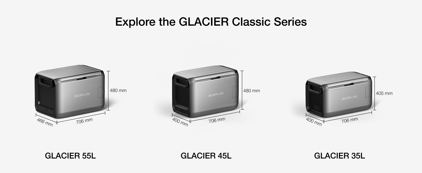 Three rectangular coolers in gray, shown in descending size from left to right. Labeled as Glacier 55L, 45L, and 35L, with dimensions displayed beneath each model.