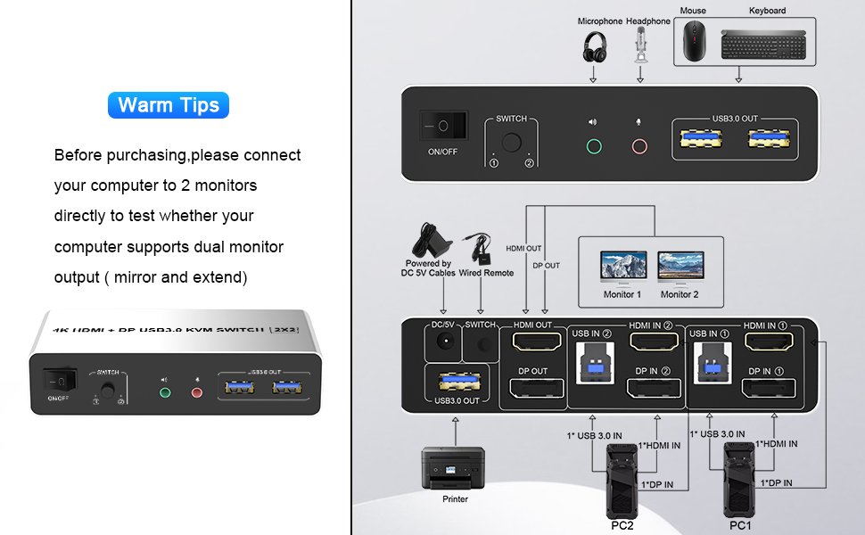 USB 3.0 DisplayPort + HDMI KVM Switch Dual Monitor 2 Port, 4K60Hz 2 in