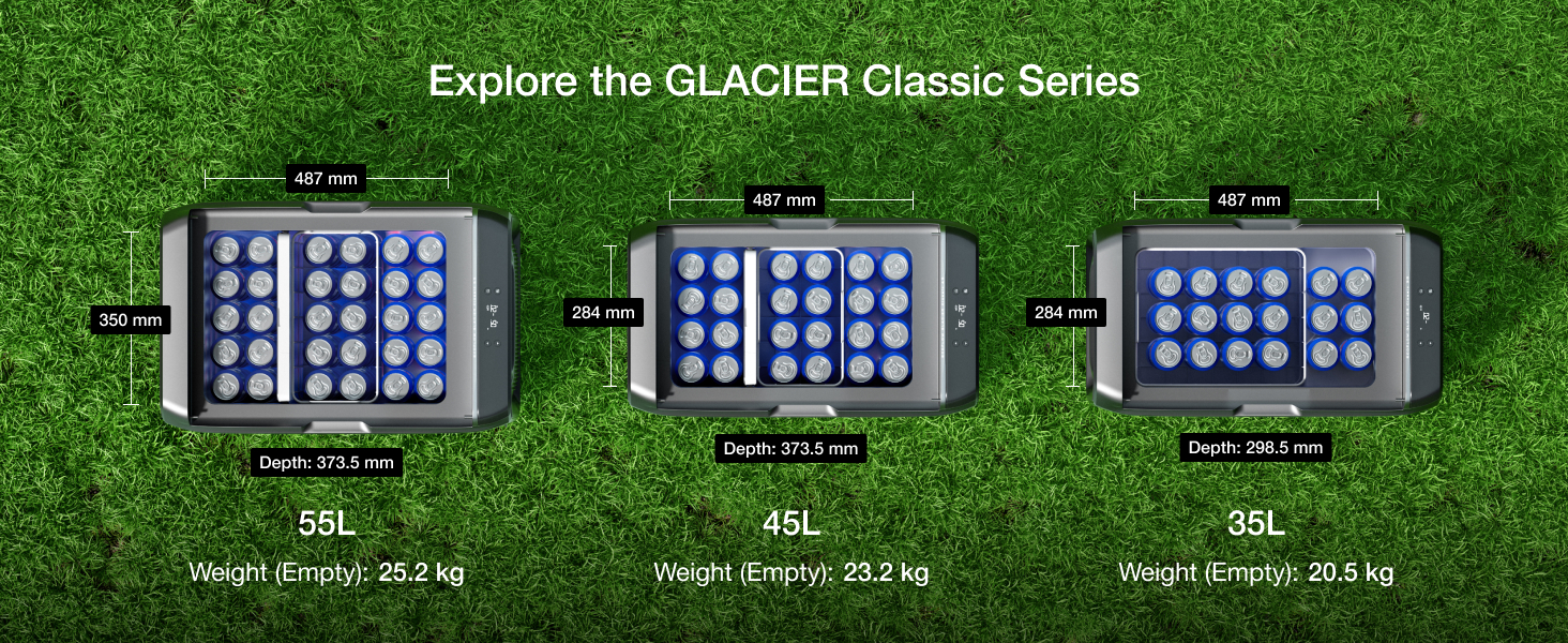 Three grey coolers of different sizes (55L, 45L, 35L) from the GLACIER Classic Series, displayed on grass. Each cooler shows dimensions and weight, with blue circular patterns on top.