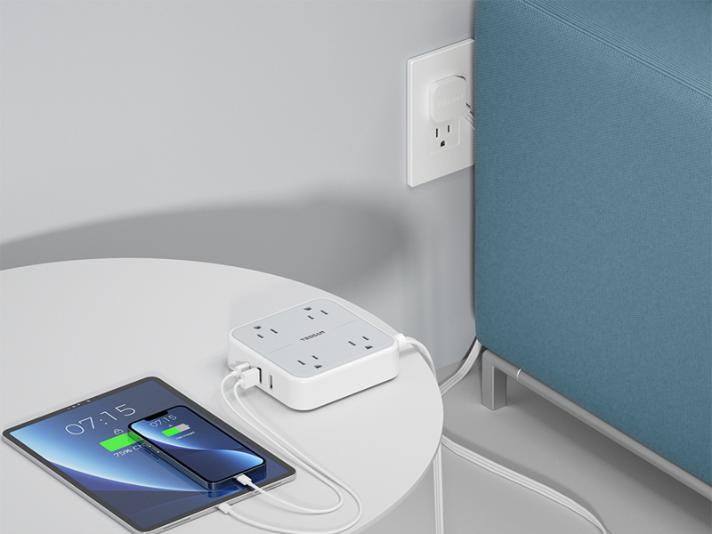 Flat Plug Power Bar with USB C, TESSAN UltraThin Extension Cord Indoor