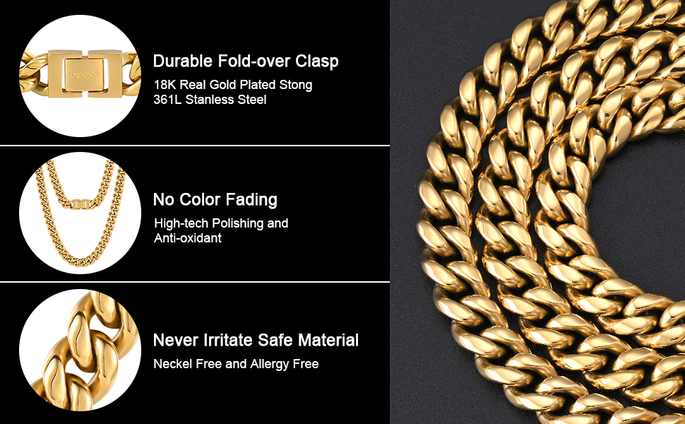 VEXXS Miami Cuban Link Chain, 18K Real Gold Plated Gold