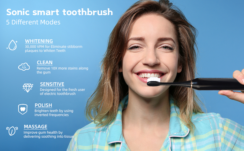Sonic Electric Toothbrush, Rechargeable Power Toothbrush with 6 Duponts