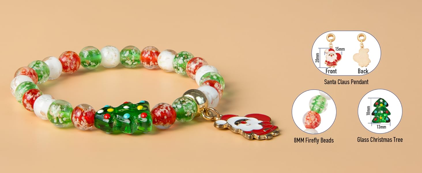 Handmade Firefly Christmas Beaded Bracelets - Green Red Xmas Tree Glass Beads Stretch Bracelet