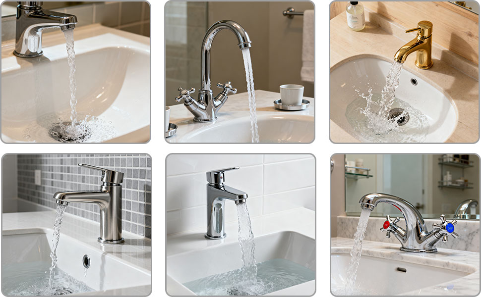 Collection d'images de robinets de salle de bain montrant différents angles et vues d'installation. Luminaires au fini chromé avec éléments de design modernes.