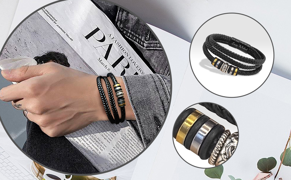 To My Grandson Mens Leather Bracelet, “Love My Grandson”Men