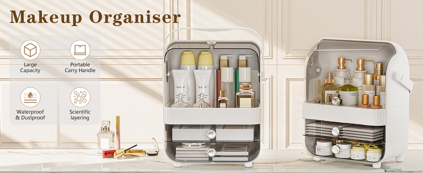 Text reads 'Makeup Organiser'. Series of product images showing clear acrylic cosmetic organizer with multiple compartments and drawers, displayed in various angles and settings.